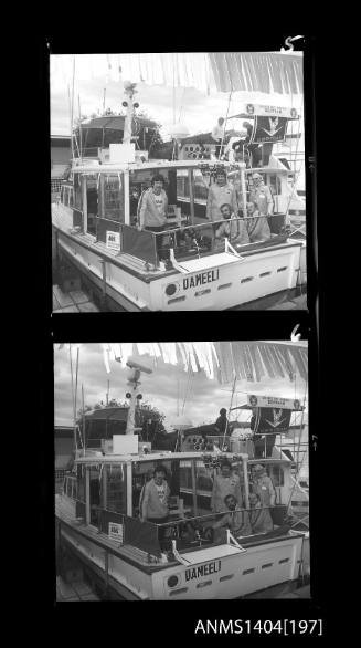Photographic negative strip showing crew of an AWA display vessel at a boat show