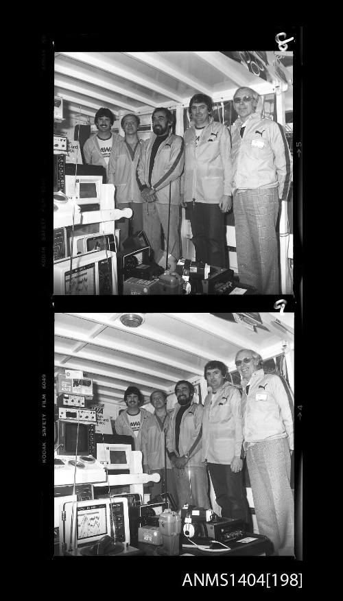 Photographic negative strip showing crew and equipment on an AWA display vessel at a boat show