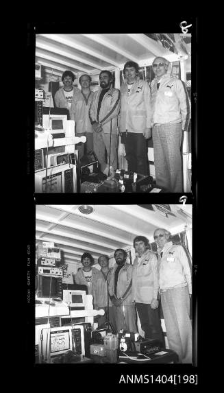 Photographic negative strip showing crew and equipment on an AWA display vessel at a boat show