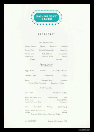 Breakfast menu from the SS ORONSAY