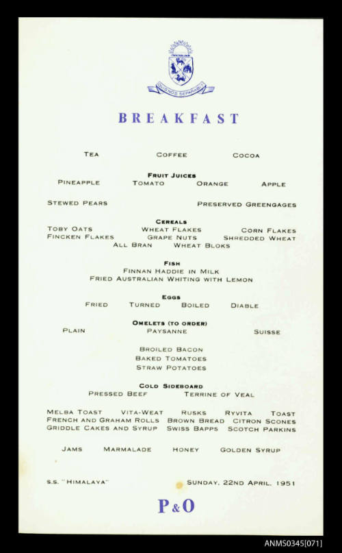 Breakfast menu from SS HIMALAYA