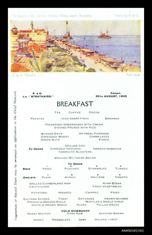 Breakfast menu for SS STRAITHARD