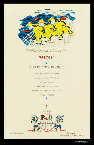 Children's dinner menu from SS MALOJA