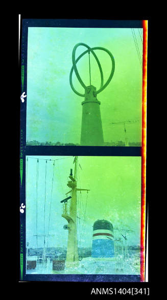 Photographic negative strip showing television aerials on board the ship EMPRESS OF AUSTRALIA