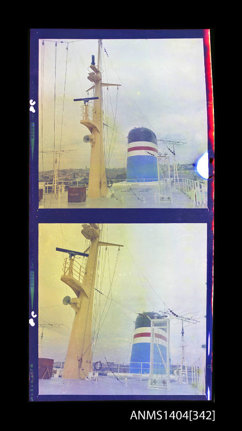 Photographic negative strip showing television aerials on board the ship EMPRESS OF AUSTRALIA