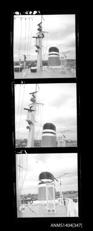 Photographic negative strip showing television aerials on board the ship EMPRESS OF AUSTRALIA