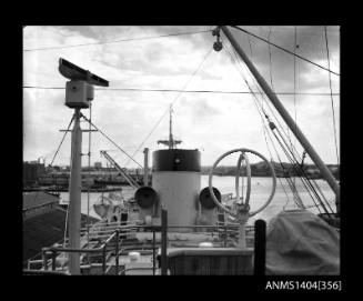 Photographic negative showing communications aerials and equipment on top of ship SS MANOORA