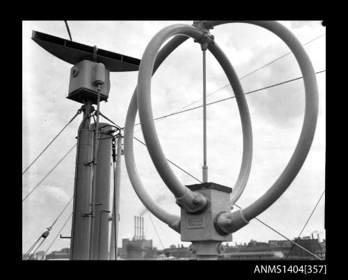 Photographic negative showing communications aerials and equipment on top of ship SS MANOORA