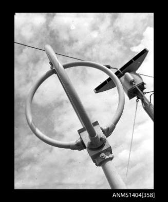 Photographic negative showing communications aerials and equipment on top of ship SS MANOORA