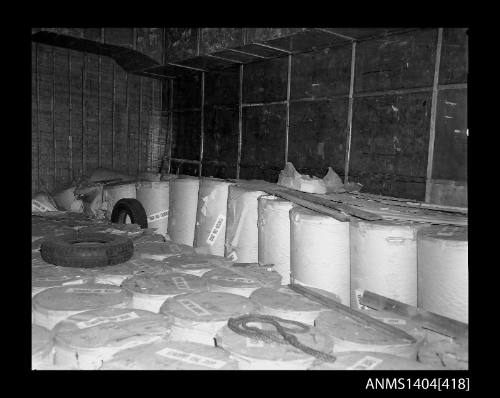 Photographic negative showing inside the cargo hold of a vessel