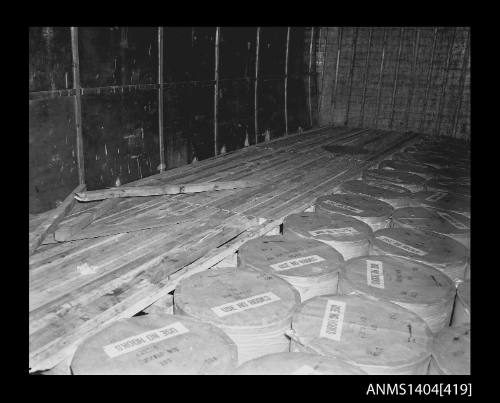 Photographic negative showing inside the cargo hold of a vessel