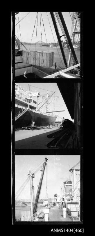 Photographic negative strip showing images of cargo loading with Glebe Island Bridge and Sydney Harbour Bridge in background