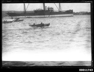 Speedboat (Hydroplane) race on Sydney Harbour, SS OMANA in background