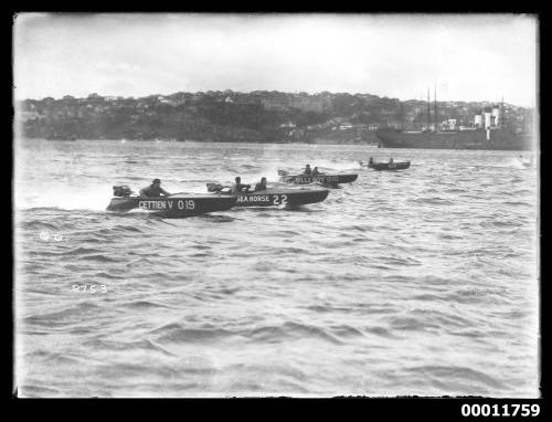 Speedboats CETTIEN V, BILLYBOY and SEAHORSE and BOO SAADA  race near Rose Bay, Sydney Harbour