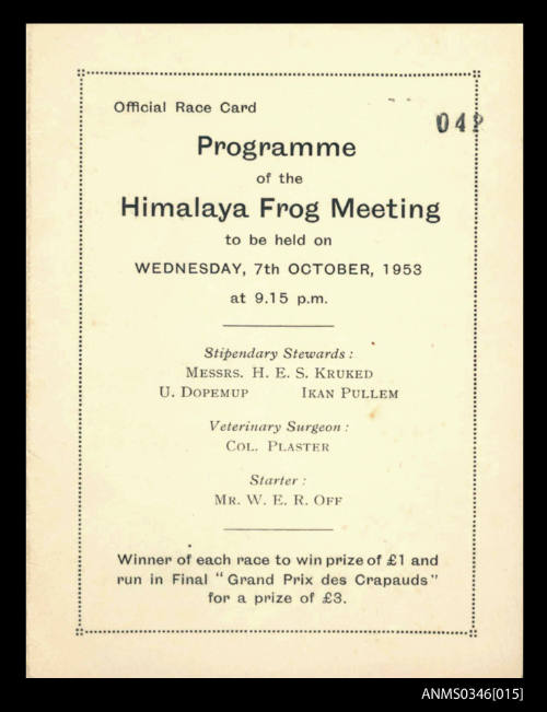 Official race card and programme of the HIMALAYA Frog meeting