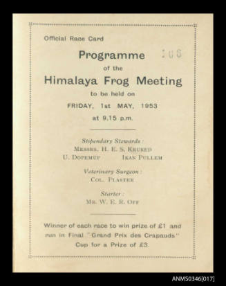Official race card and programme of the HIMALAYA Frog meeting