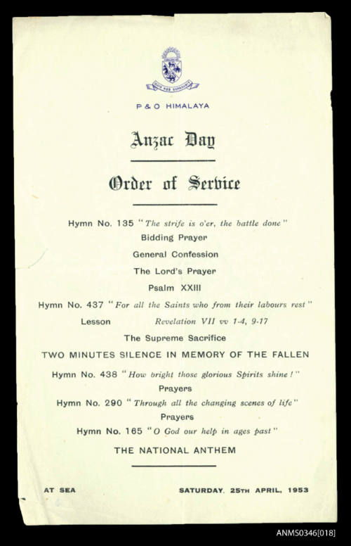 Anzac Day order of service RMS HIMALAYA