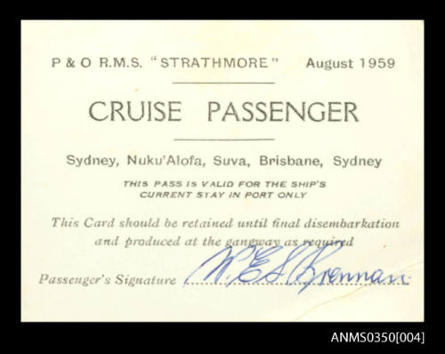 P&O RMS STRATHMORE Cruise Passenger pass