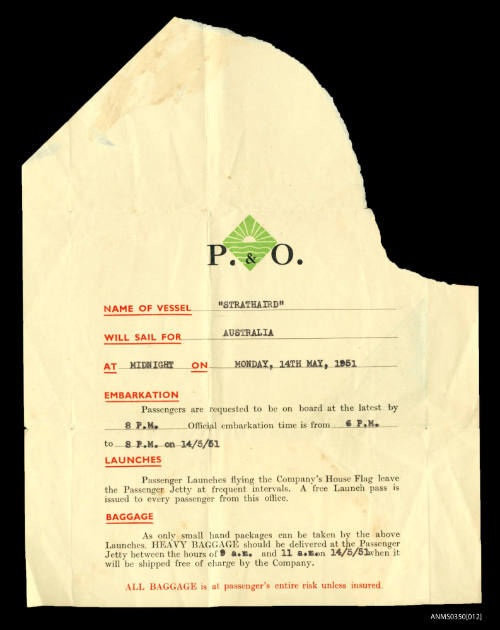 Lettergram from P&O to Bill Brennan, notification of sailing times for STRATHAIRD