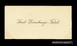 Business card collected by Oskar Speck for Sorab Dishawji Talati, Versava Bombay
