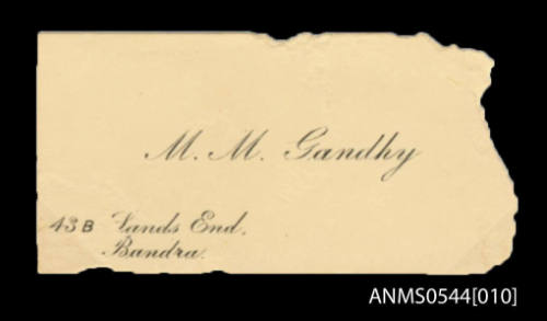 Business card collected by Oskar Speck for MM Gandhy, Bandra