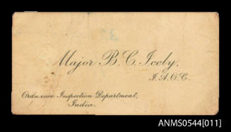 Business card collected by Oskar Speck for Major B C Icely of the Ordnance Inspection Department, India