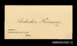 Business card collected by Oskar Speck for Ardeshir Hormusji, Agent, Diu