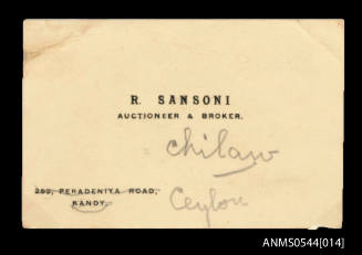 Business card collected by Oskar Speck for R Sansoni, auctioneer and broker Chilaw Ceylon