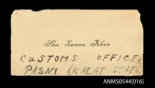 Business card collected by Oskar Speck for Sher Iaman Khan Customs officer Pasni (Kalat state)