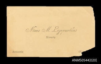 Business card collected by Oskar Speck for Nicos M Logomovides, Leukosia (Nicosia)