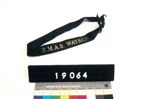 Royal Australian Navy HMAS WATSON cap tally - Junior Sailor's round No. 2 Rig attached to cap 00019063.