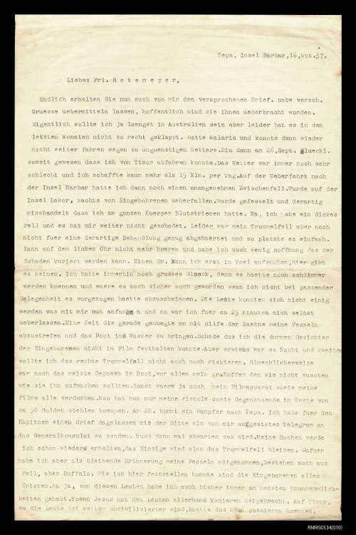 Letter from Oskar Speck to Miss Retemeyer