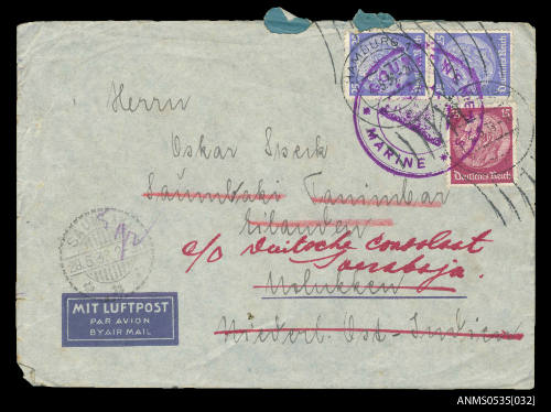 Envelope addressed to Oskar Speck Molunkke forwarded to Deutsche Consulat [sic] Soerabaja