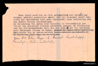 Note written in Dutch relating to declaration to travel for Oskar Speck