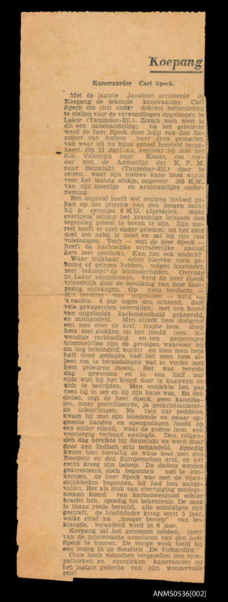 Newspaper clipping in Dutch relating to Oskar Speck's attack in Lakor