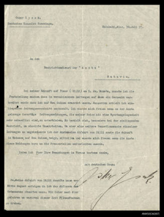 Letter from Oskar Speck to ANETA News Service