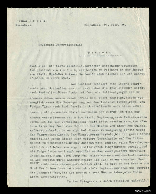 Letter from Oskar Speck to the German Consulate, Batavia