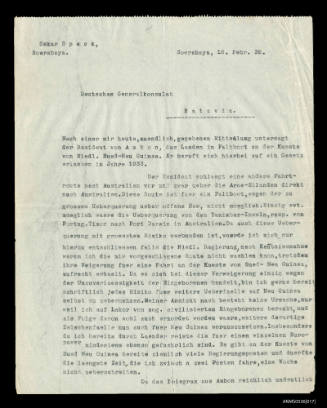 Letter from Oskar Speck to the German Consulate, Batavia