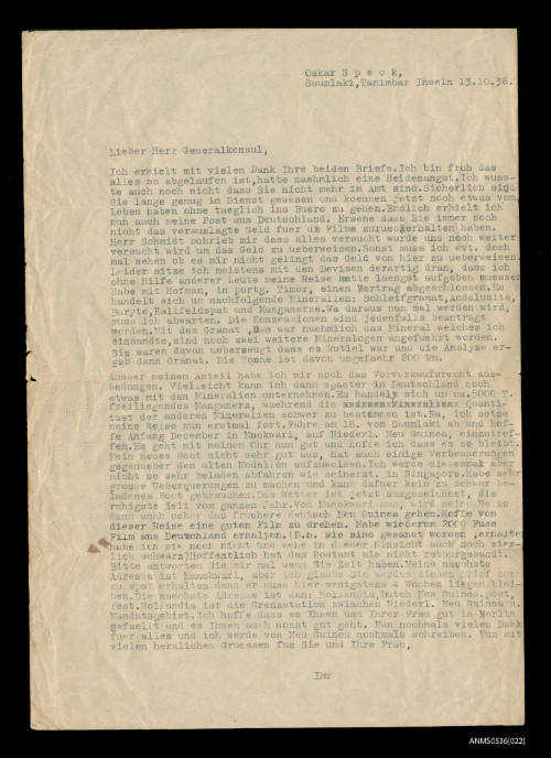 Letter from Oskar Speck to the Consul General, Tanimbar Islands