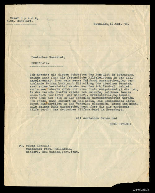 Letter from Oskar Speck to the German Consulate, Surabaya