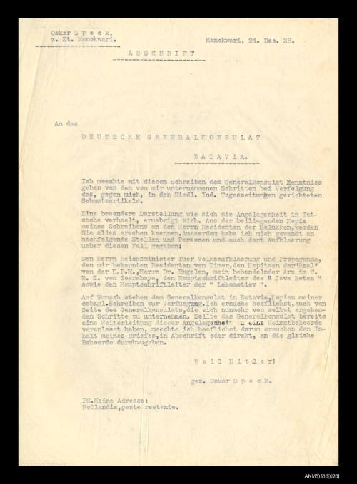 Letter from Oskar Speck to the German Consulate General, Batavia