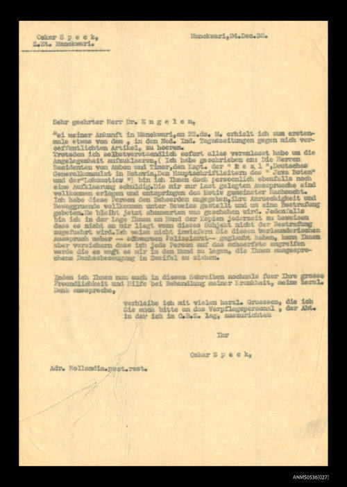 Letter from Oskar Speck to Dr Engelen