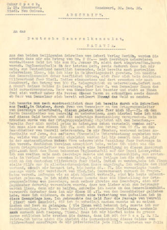 Letter from Oskar Speck to the German consul Gerneral, Batavia