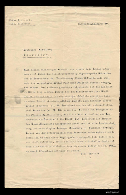 Letter from Oskar Speck to the German Consulate, Surabaya