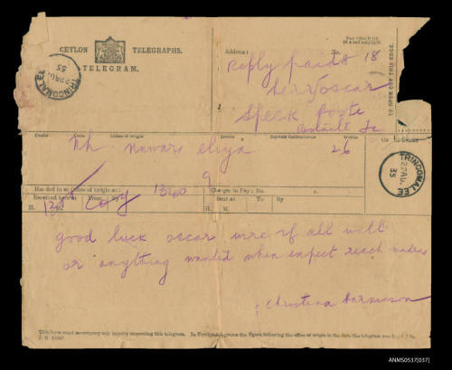 Telegram to Oskar Speck from Christina Rasmuson