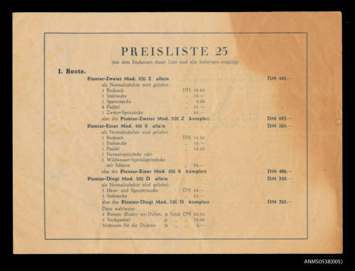 Price list from Pionier Faltbootwerft