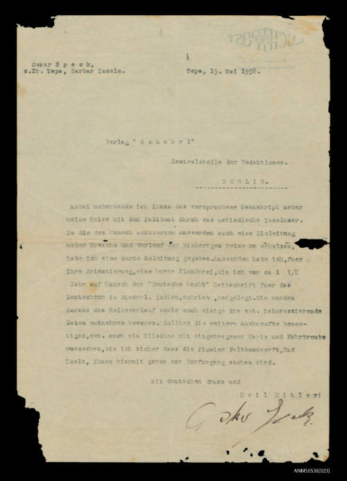 Letter from Oskar Speck to Scherrl Publishing Company