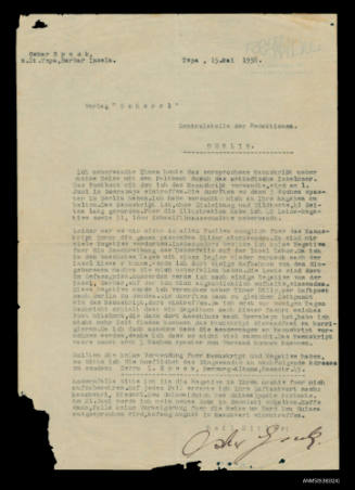 Letter from Oskar Speck to Scherrl Publishing Company