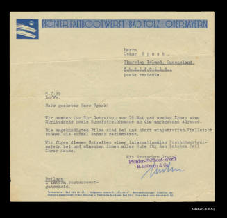 Letter from Pionier Faltbooterft to Oskar Speck