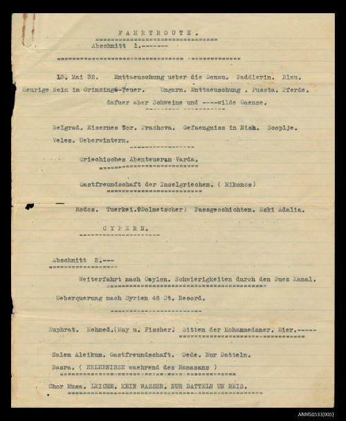 Notes written by Oskar Speck relating to his journey